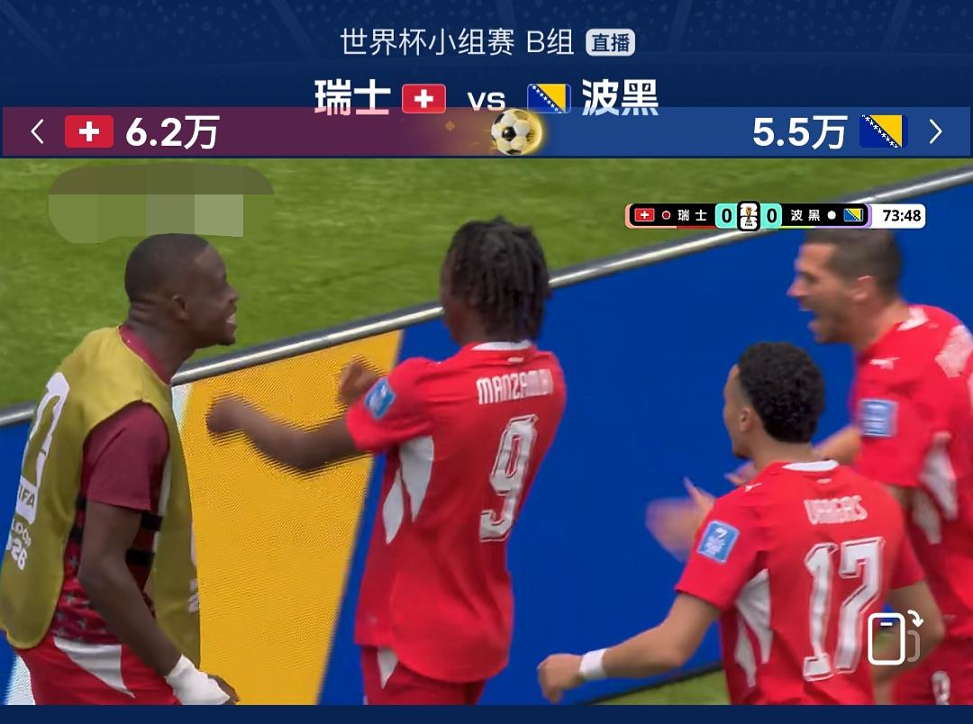 瑞士队换人收到奇效，刚刚上场的球员9号球员曼萨姆比建功，帮助瑞士队取得1:0的领