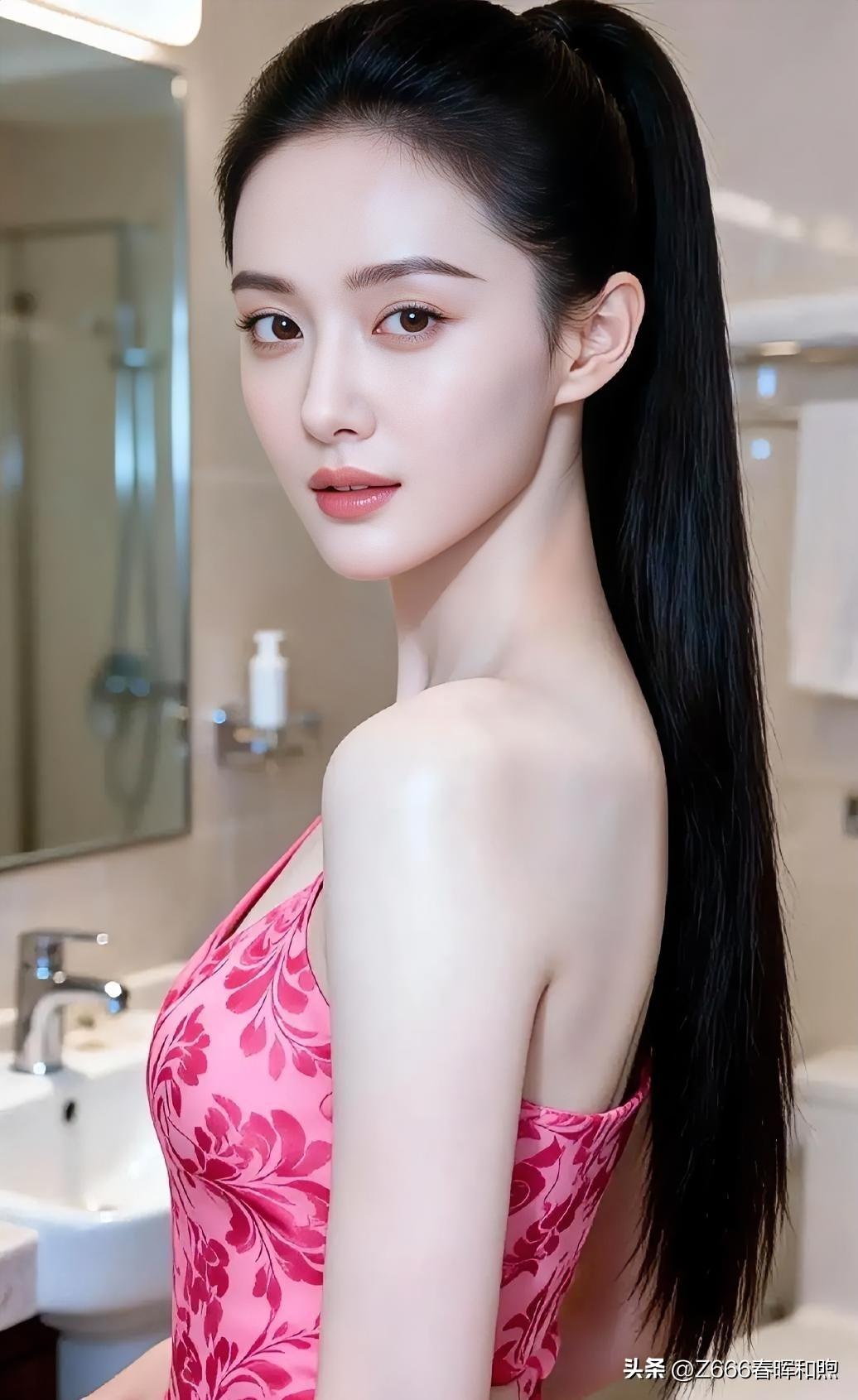 粉衣如焰，长发似瀑垂肩。镜前凝眸，清辉流转，青春之姿，婉若晨露，明媚了静谧的时光