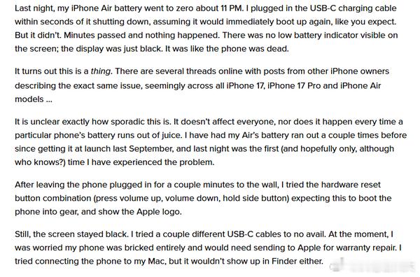 最近有用户反馈多款新款iPhone存在Bug，手机电量彻底耗尽关机后，会出现无法