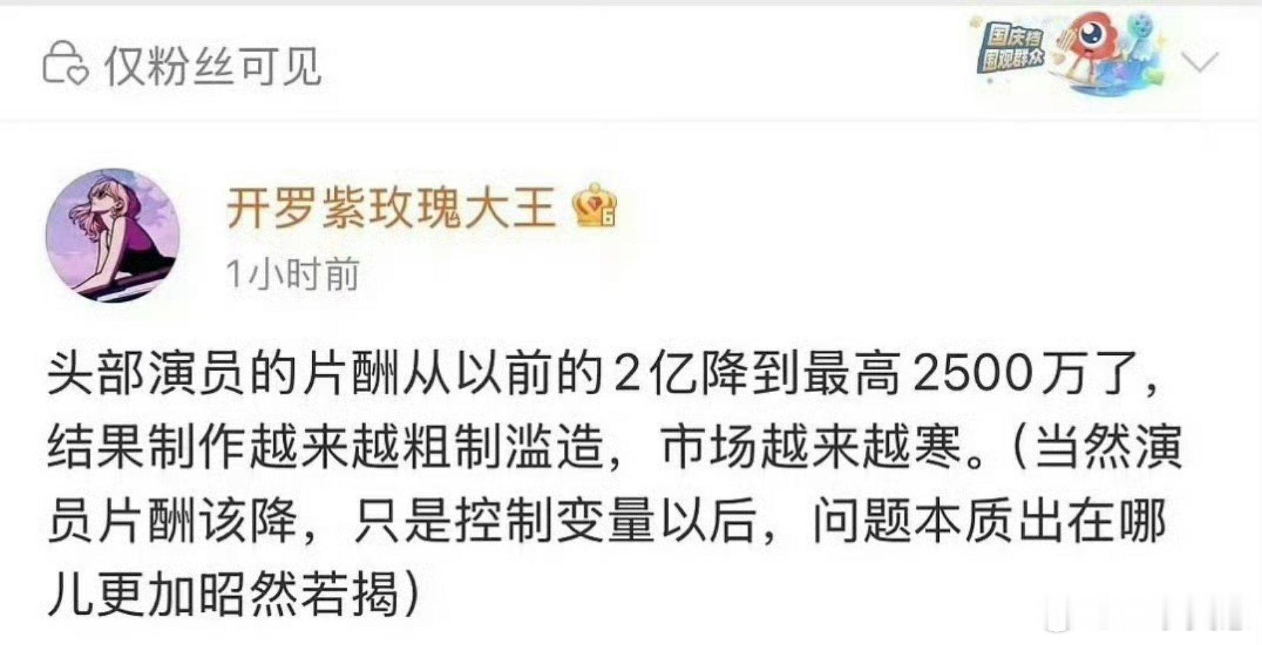 曝演员片酬从2亿降到最高2500万由此可见演员前几年赚的那叫一个盆满钵满，全球各
