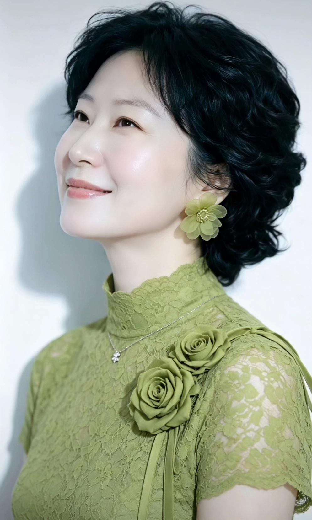 这位女士穿着绿色的蕾丝衣服，戴着漂亮的花朵耳环，微笑着看向一边。