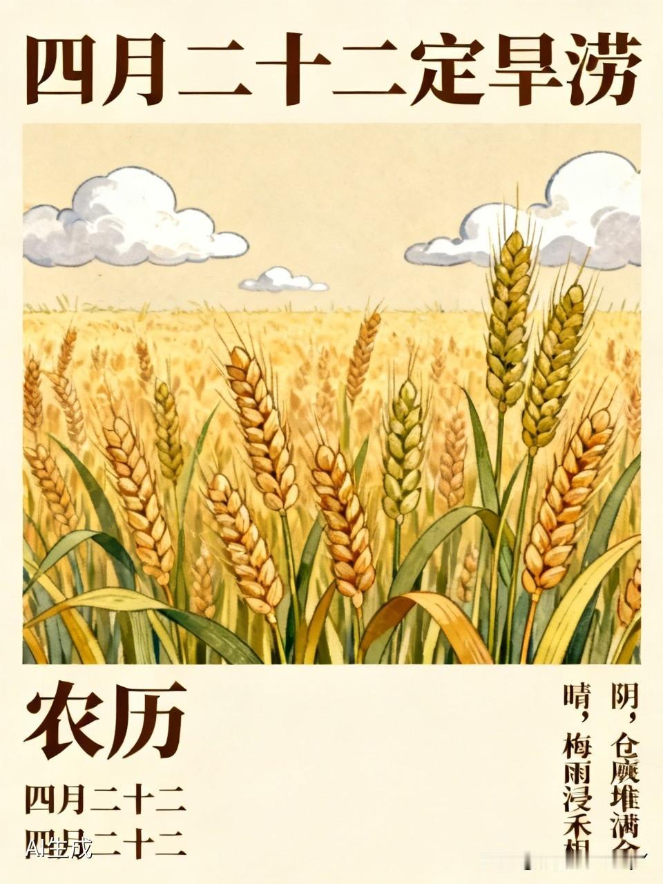 🌾 今天是农历四月二十二的民间俗语与农谚
一、定旱涝（最为核心）
- 四月二十