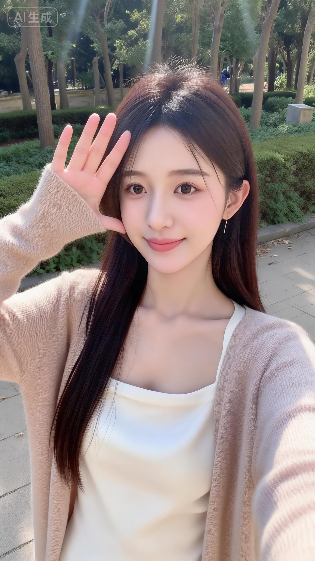 林荫下的柔暖甜妹好治愈
 
奶杏开衫裹着缎面白吊带，软乎乎像抱了团阳光，抬手遮眉