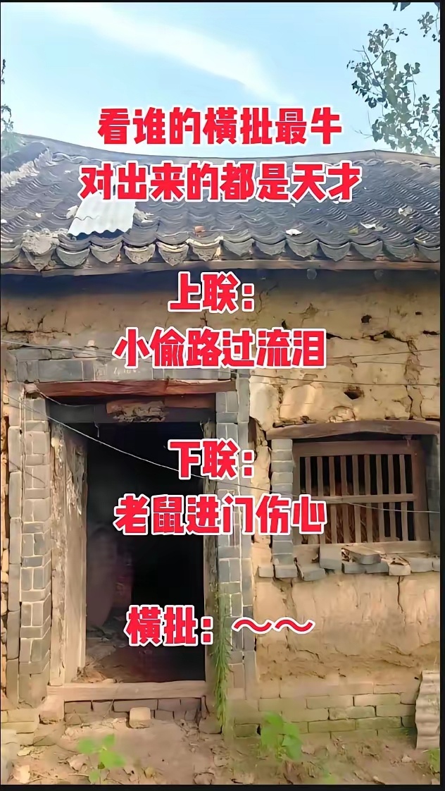 看谁的横批最牛，对出来的都是天才.上联：小偷路过流泪，下联：老鼠进门伤心.横批：