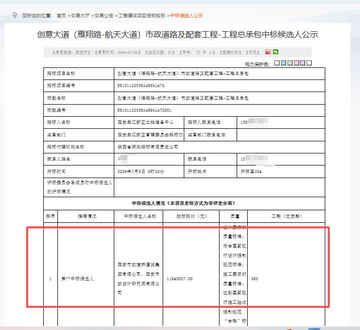 正在公示！西安这里将新建一条道路，中标候选人公示，投资总额1371.08万元..