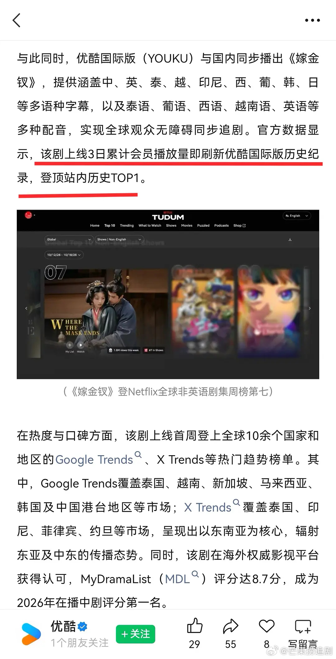 3天即史冠！平台特意发文庆贺，田曦薇《嫁金钗》刷新优酷国际版历史记录，登顶站内历
