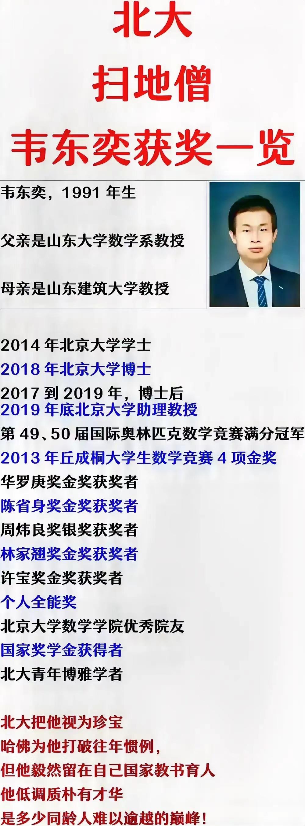 为什么韦东奕被网友誉为“扫地僧”？
如图所示，韦东奕的获奖一览表。他曾以满分获得