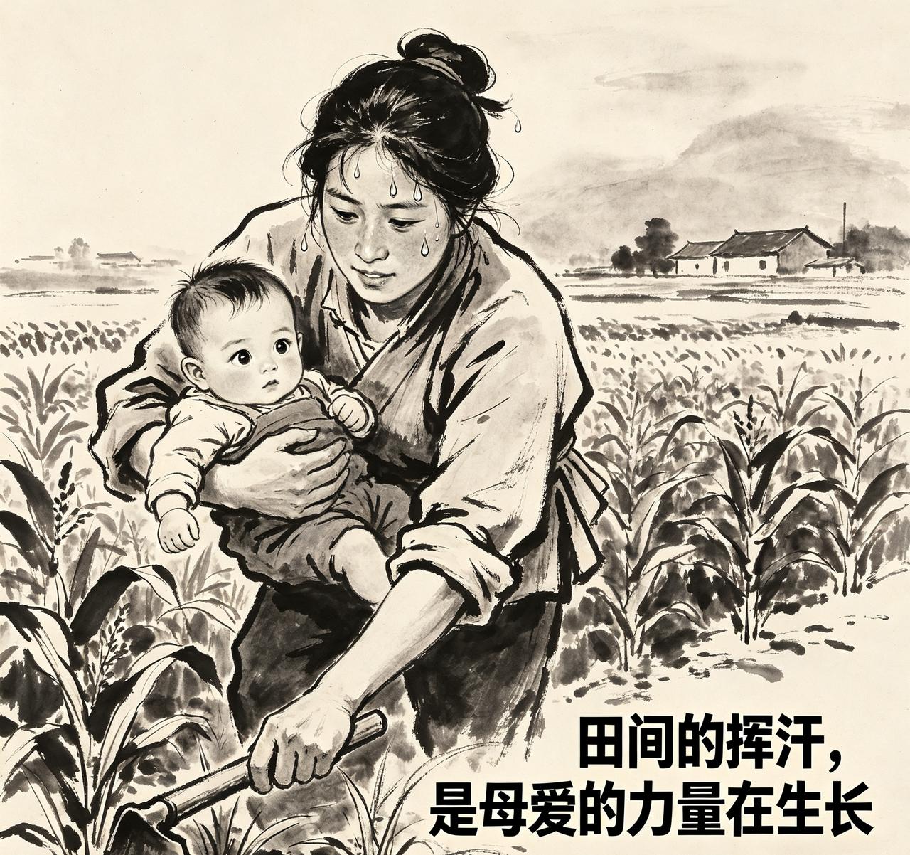 带娃劳作的母亲