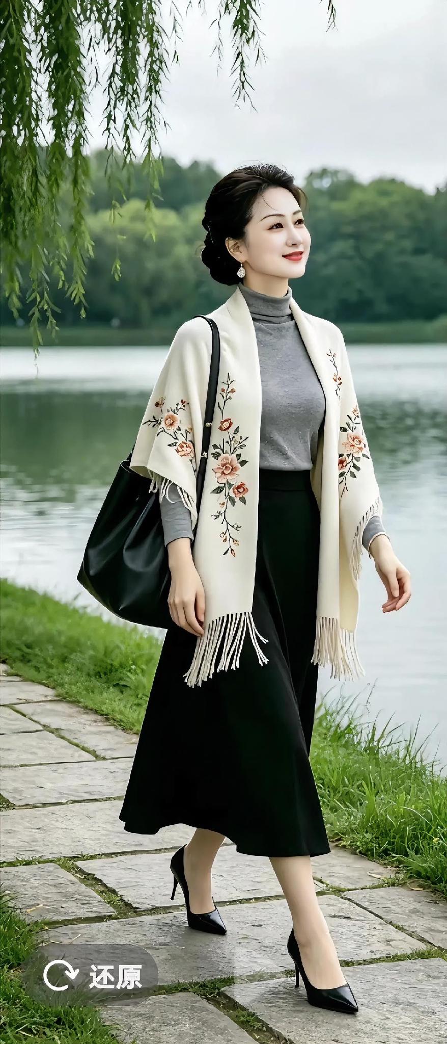 漫步湖畔，清风拂过垂柳，一汪湖水静谧安然。简约的灰打底搭配黑长裙，披上这件绣花流
