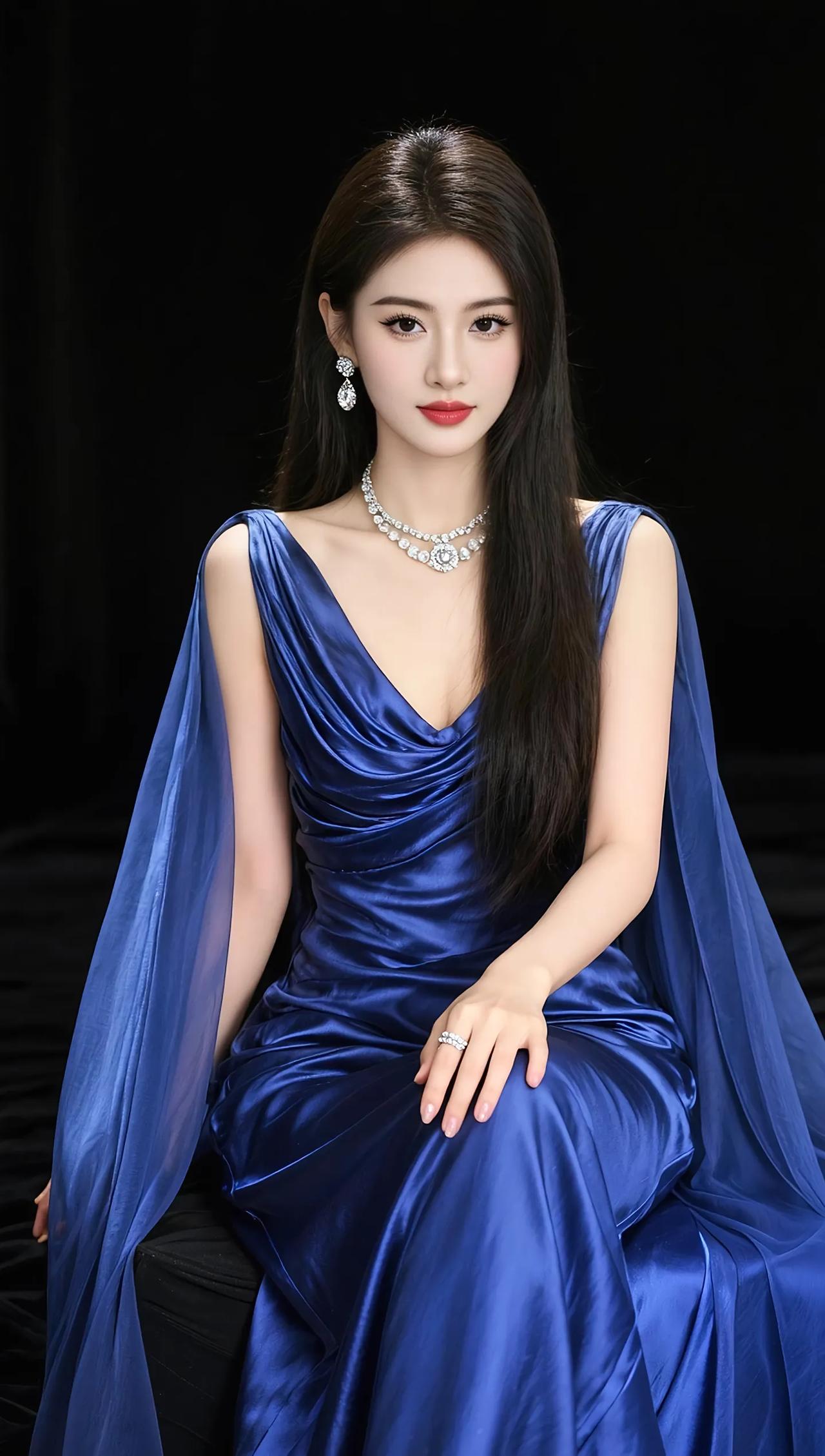 优雅蓝裙，闪耀珠宝，气质女神风范