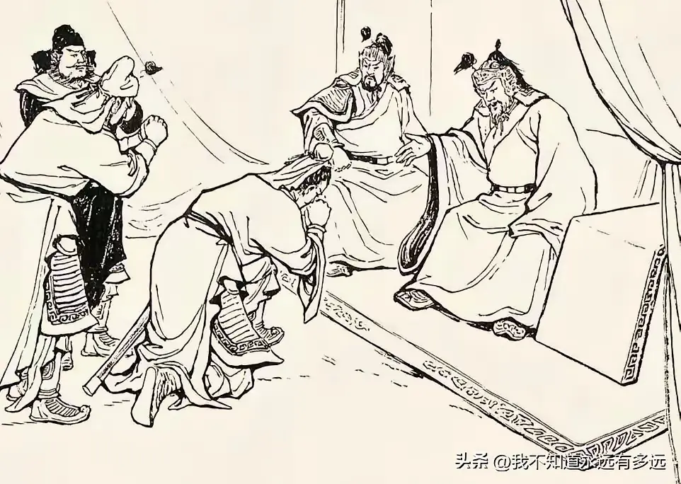 刘备这是拜谁？此图中刘皇叔跪倒在地纳头便拜，关羽张飞也是抱拳施礼一副恭...
