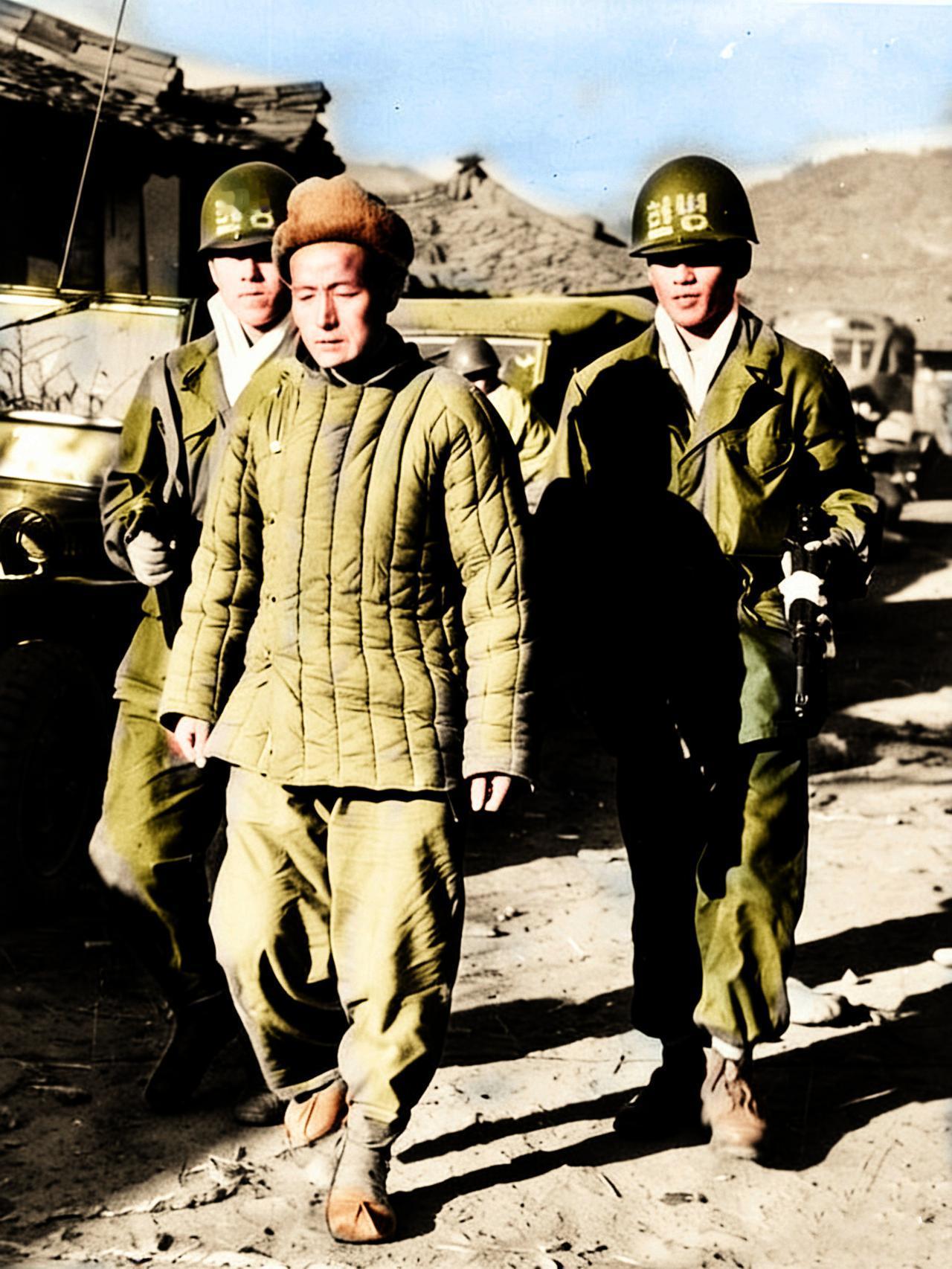 1951年初的朝鲜战场，两个得意洋洋的南朝鲜海军陆战队员押解一名被俘的志愿军战士