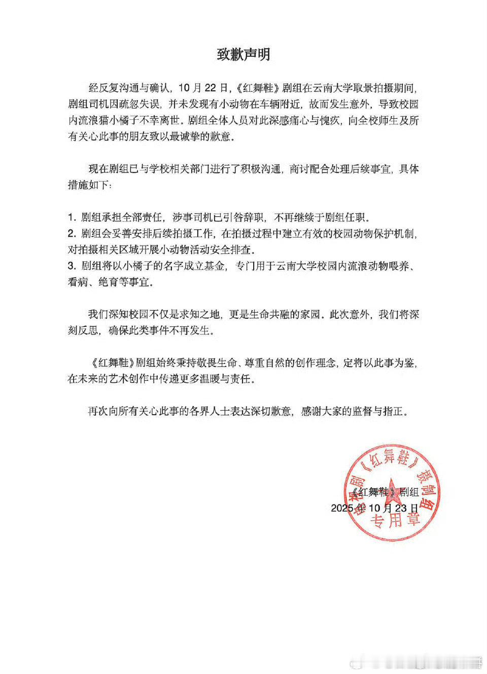 曝红舞鞋剧组开快车撞死猫 红舞鞋剧组为撞死小猫道歉，看了同学的反馈，1.校内限速
