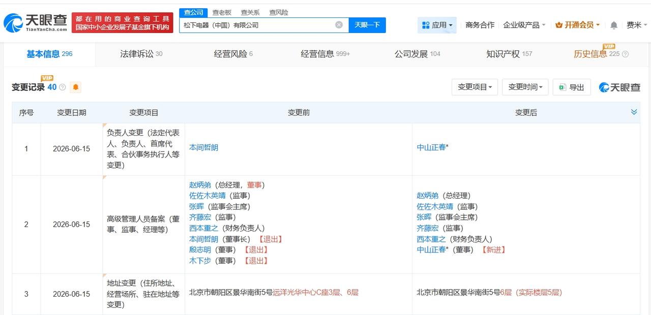 松下电器中国公司发生法定代表人变更
松下电器中国公司发生高管变更
天眼查App显