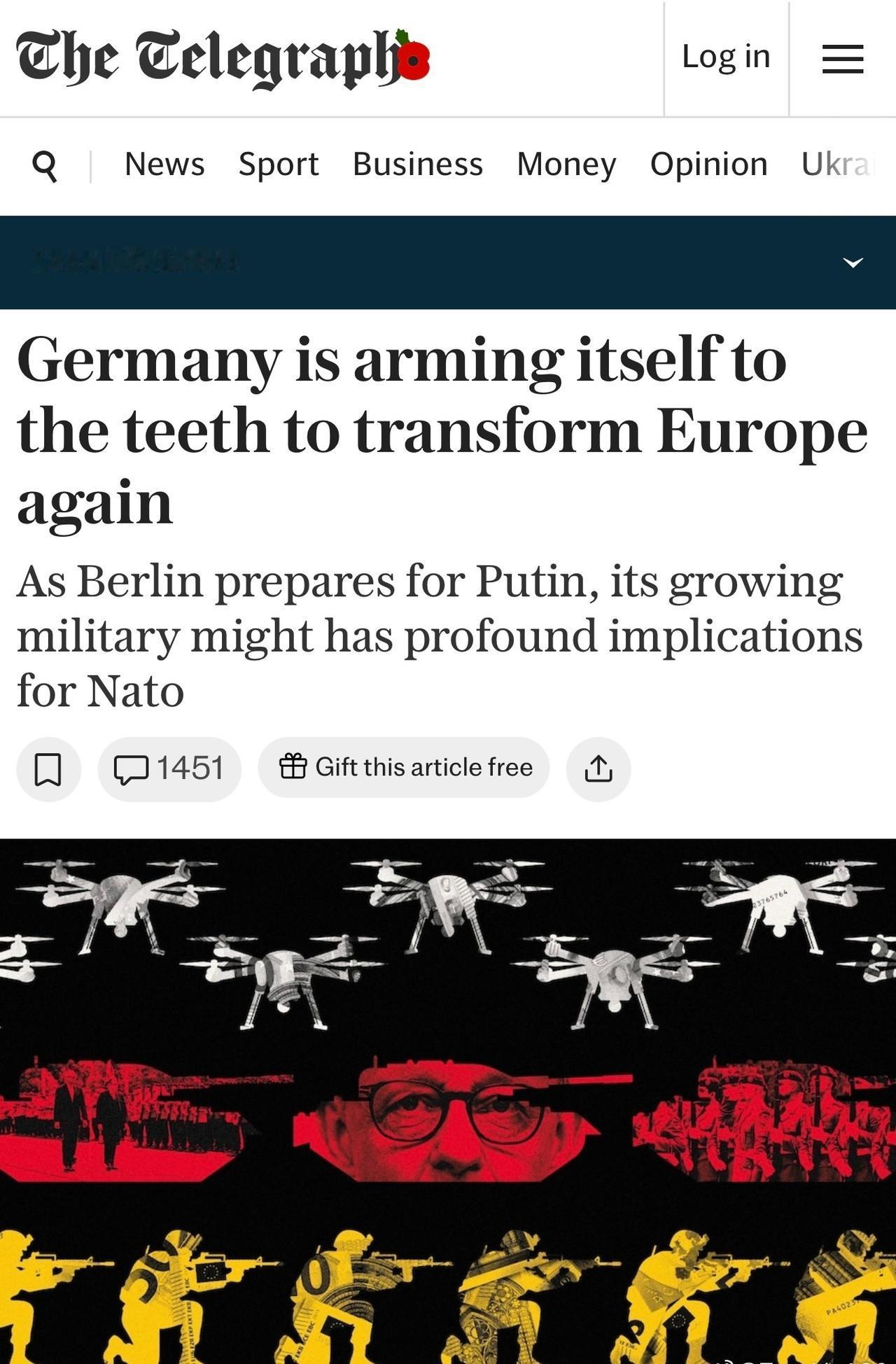 《每日電訊報》：德國正在全力武裝自己，以再次改變歐洲。隨著柏林為迎接普京做準備，