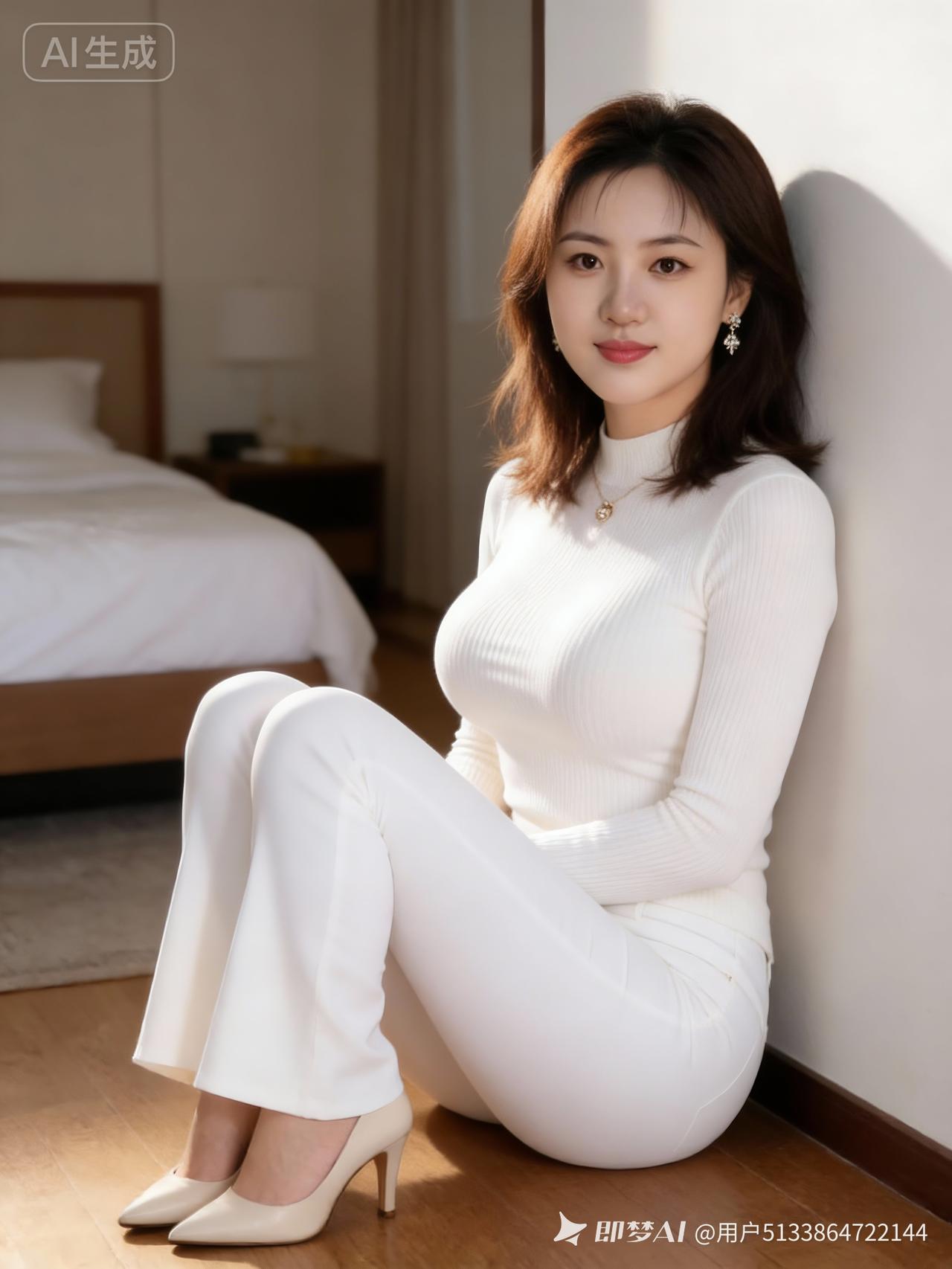 她25岁，气质温柔，身材傲人，比例匀称。皮肤白皙娇嫩，大眼睛，面容精致，栗棕色长