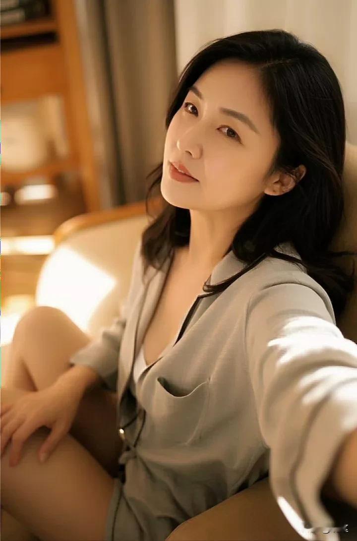 沙发上，女子随意而坐，一手轻搭腿上，一手举着手机自拍。她双腿在阳光照耀下，肌肤泛