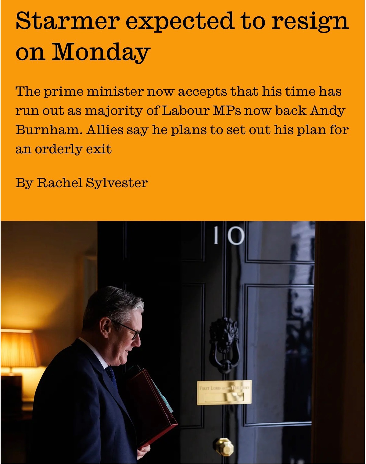 英国《观察家报》报道称，英国首相 基尔·斯塔默预计将在周一宣布辞职，并公布离任时