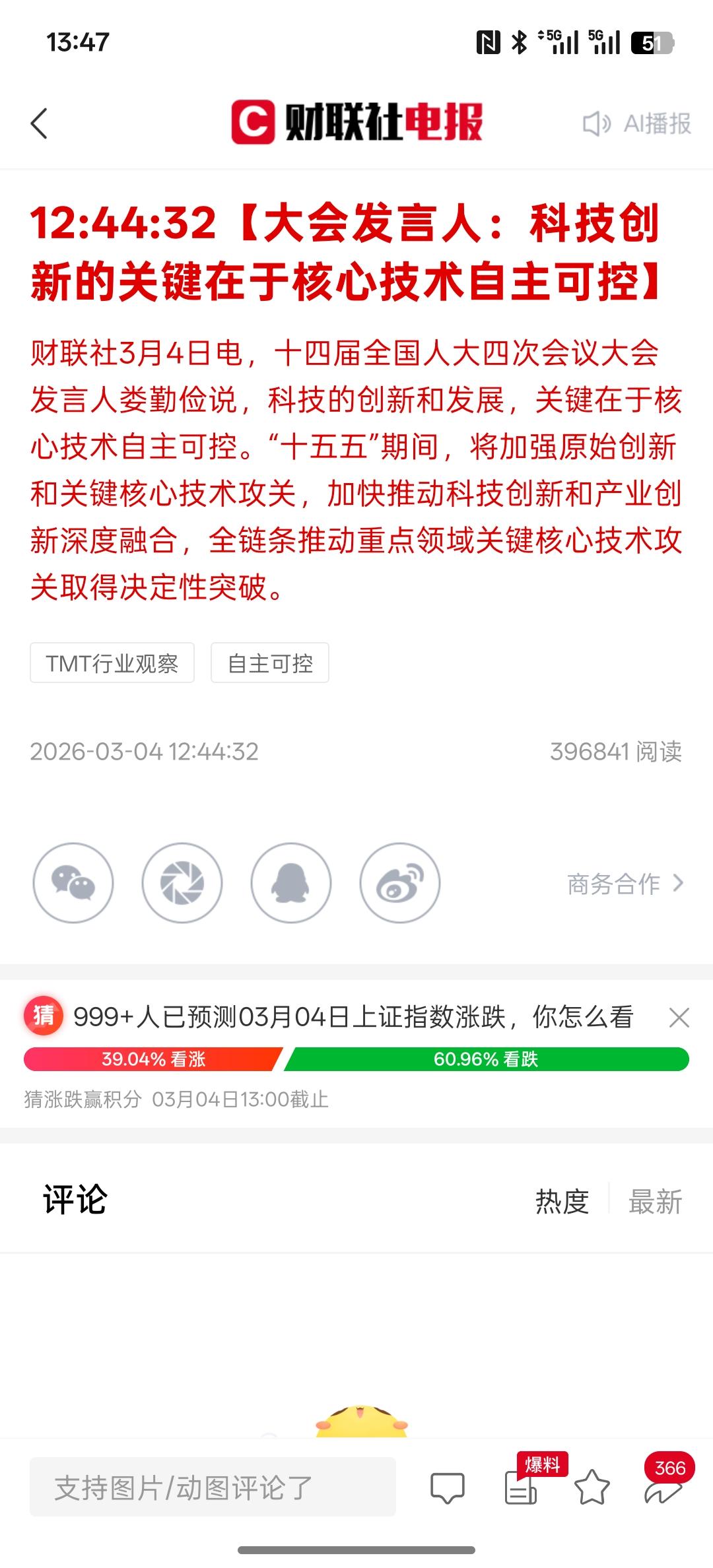 根据大会最新消息，利好科技，科技创新发展，关键是在于核心技术能够自主可控！这也是