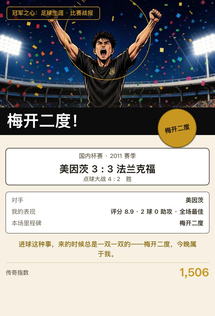 国内杯赛：梅开二度！看台快被我吼塌了
兄弟们先看比分：美因茨 3 : 3 法兰克