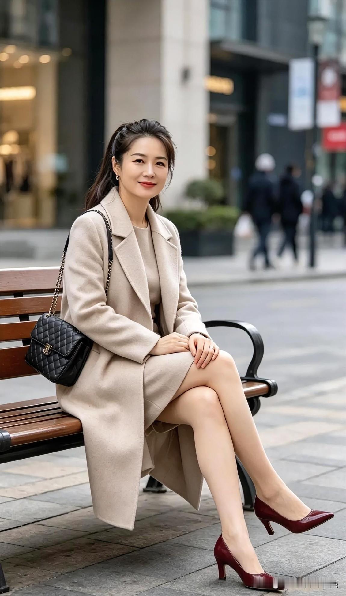 燕麦色大衣温柔裹身，酒红高跟点亮都市街角。她静坐长椅，笑意恬淡，如秋日暖阳般优雅