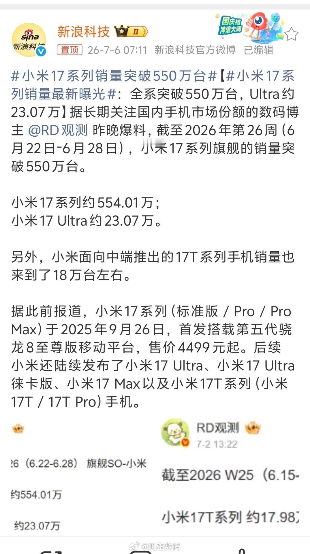 小米17系列销量突破550万台小米17系列的销量接近600万了，距离1,000万
