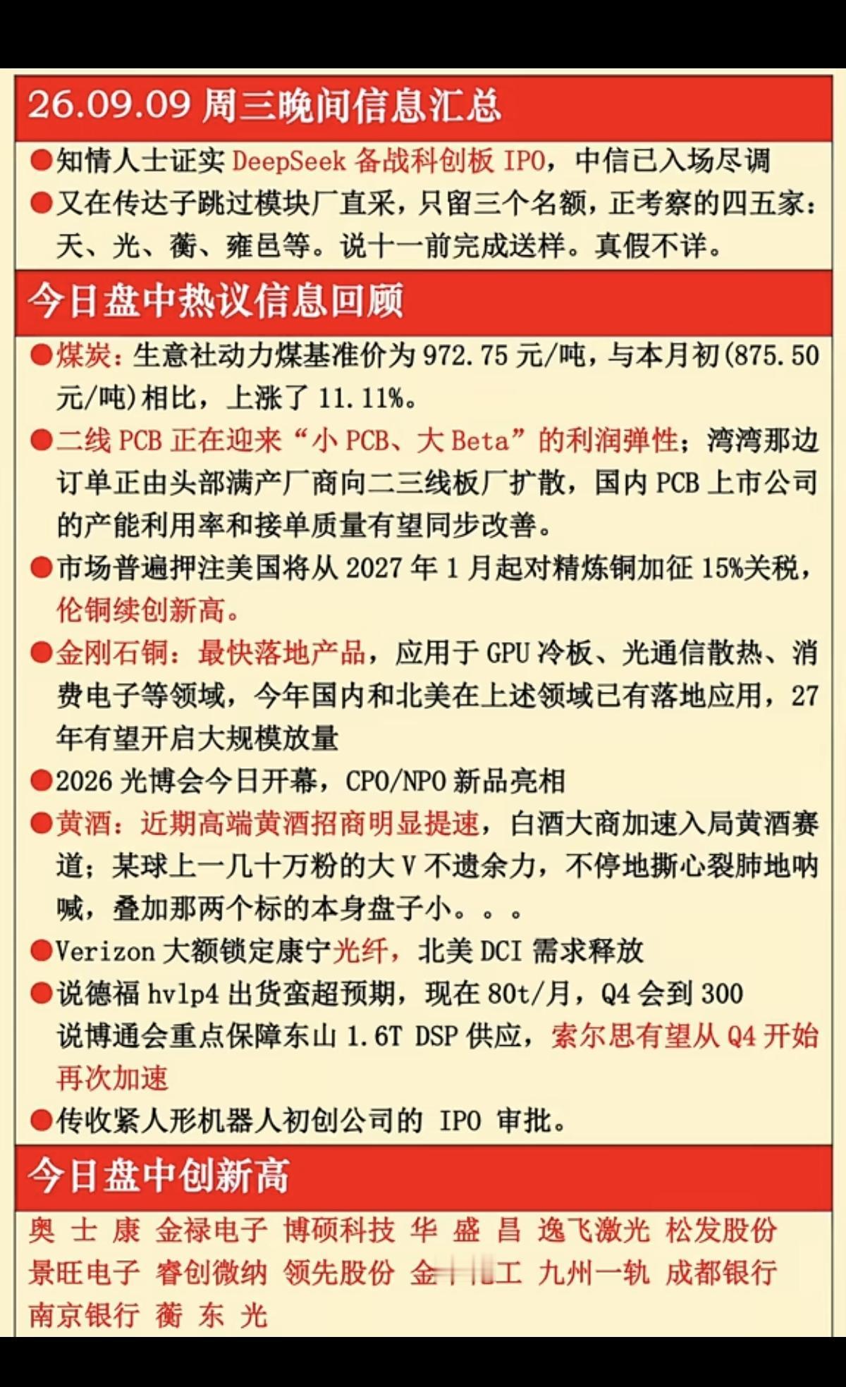 9.09周三  晚间：财经热点+信息汇总！

1.煤炭
2.高端PCB
3.金刚