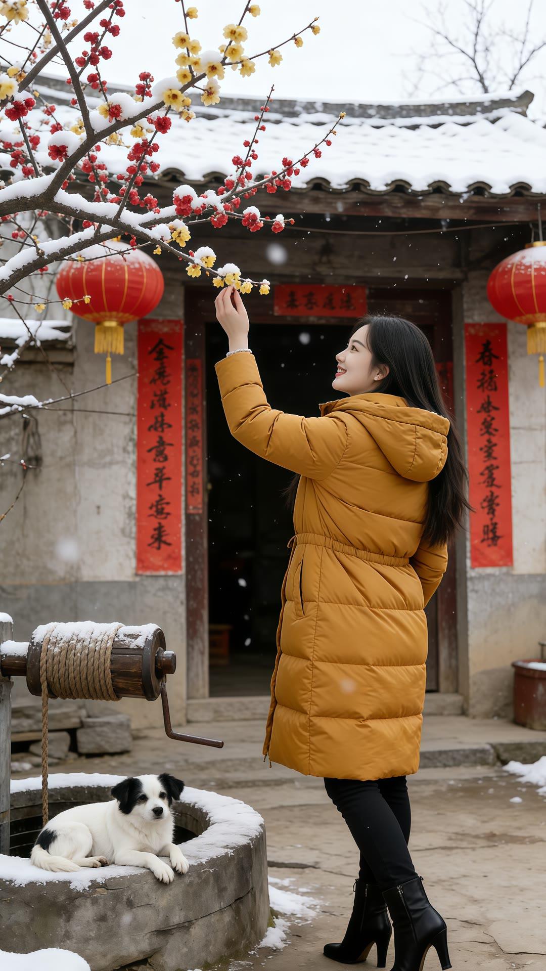 冬日暖阳下，红灯笼映衬着雪景，少女与小狗相伴，幸福满满。