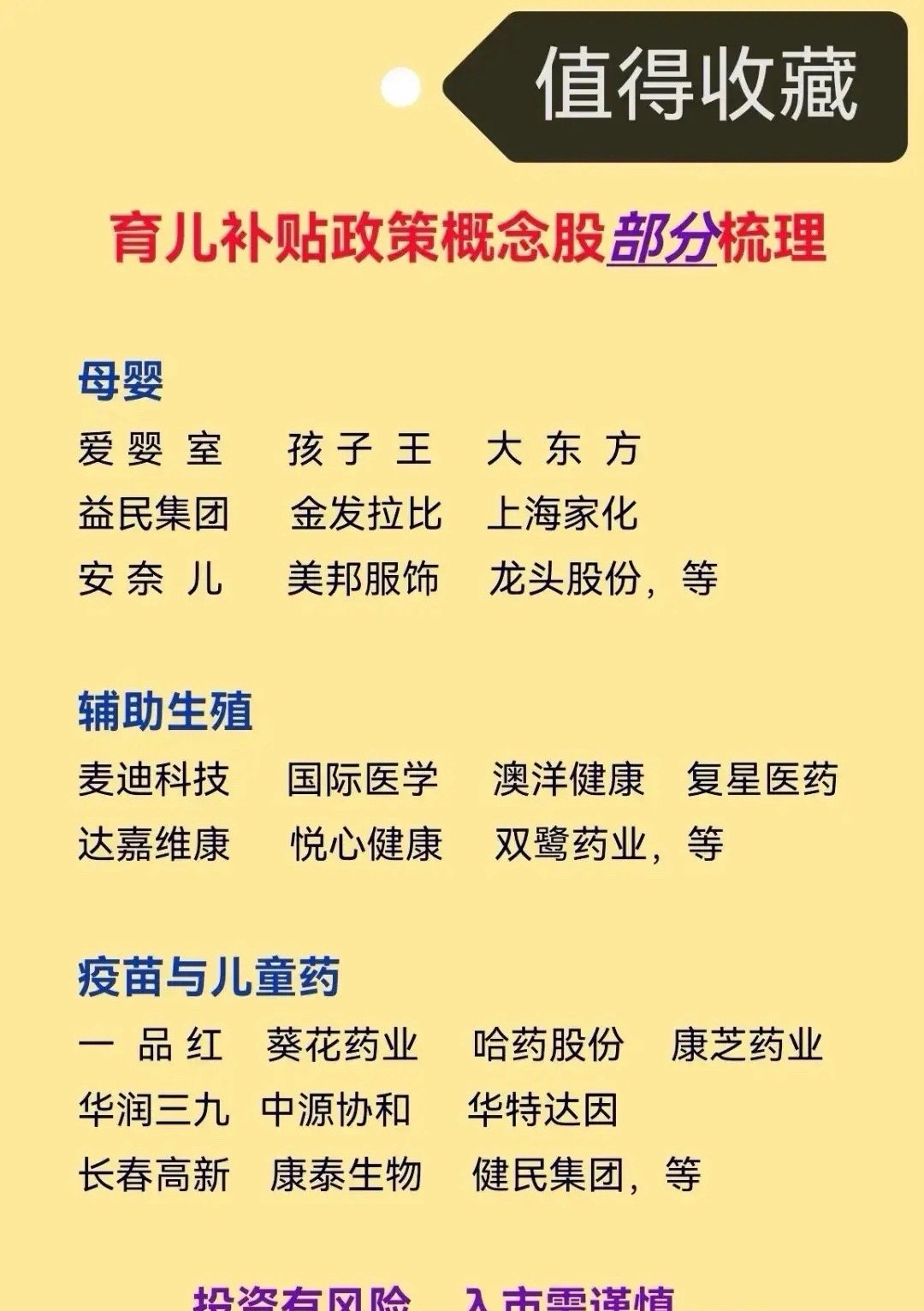 育儿补贴政策利好板块：母婴概念、乳业龙头、辅助生殖概念、三胎概念、玩具概念、儿童