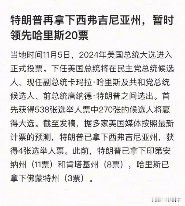 ‌截至2024年11月5日，特朗普在西弗吉尼亚州赢得了4张选举人票，暂时领先哈里