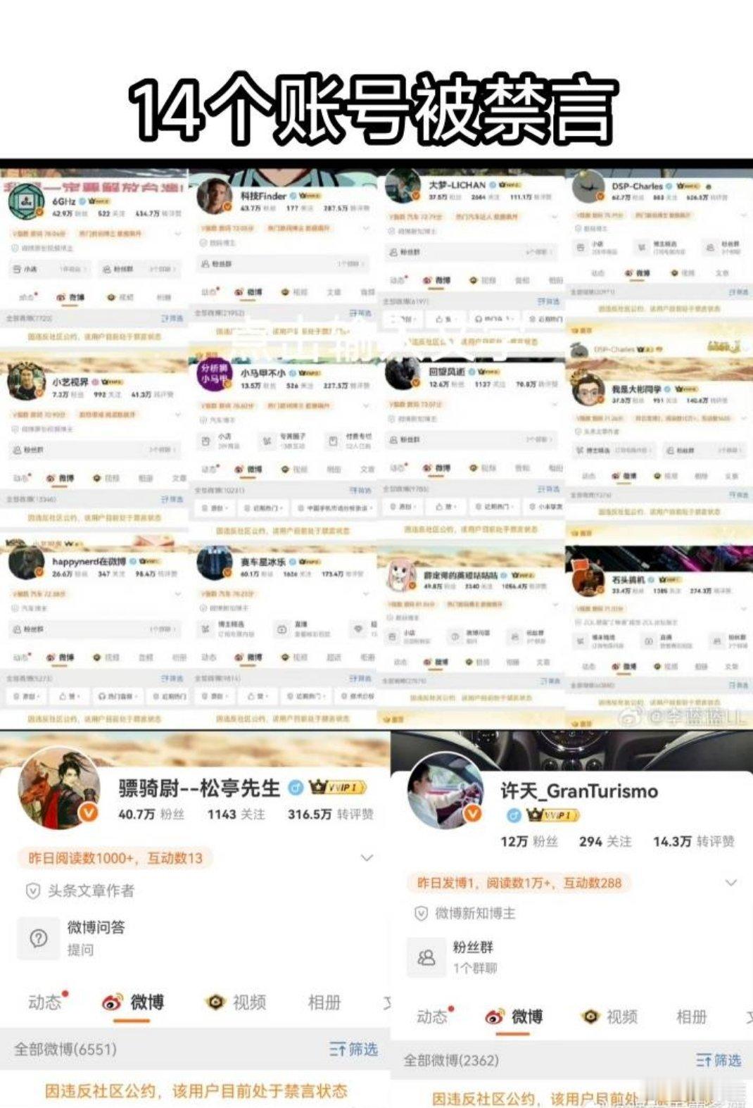 多位微博博主因攻击新能源厂商和企业家，被微博等平台禁言。 ​​​