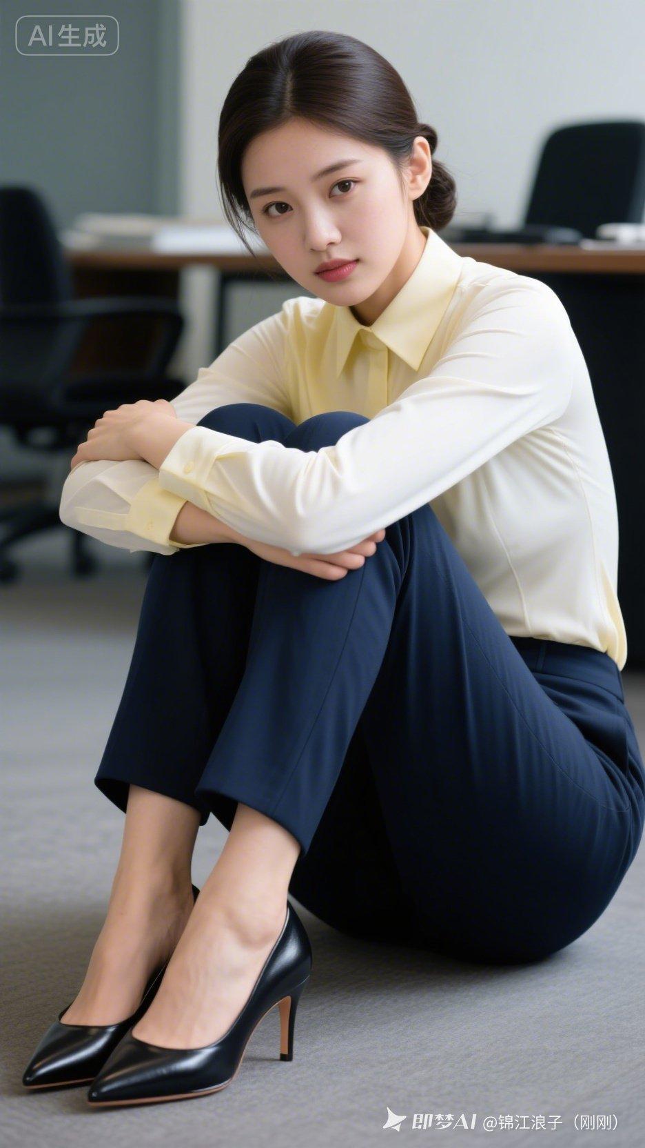 绝美的职场女子，温婉低盘发衬出精致轮廓。浅黄白紧身衬衣贴合身形，藏蓝修身西裤利落