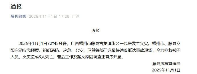 【广西通报一民房火灾致3死】广西藤县应急管理局11月1日通报：2025年11月1