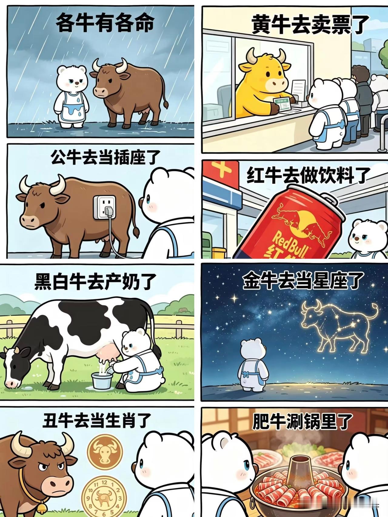 家人们看这个漫画，真的太真实了！
都说各牛有各命，每一头牛的出路都不一样。
公牛