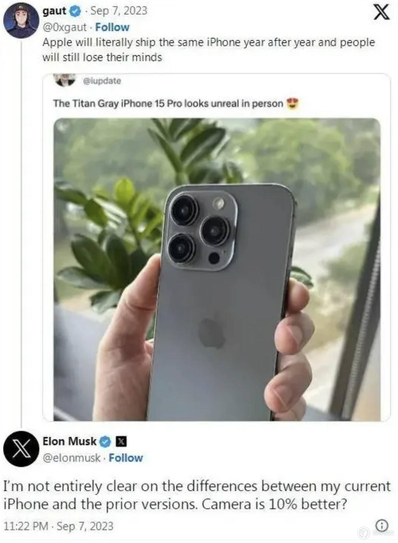 马斯克称iPhone换代毫无新意

一位外网网友发帖称：「苹果会年复一年地推出同