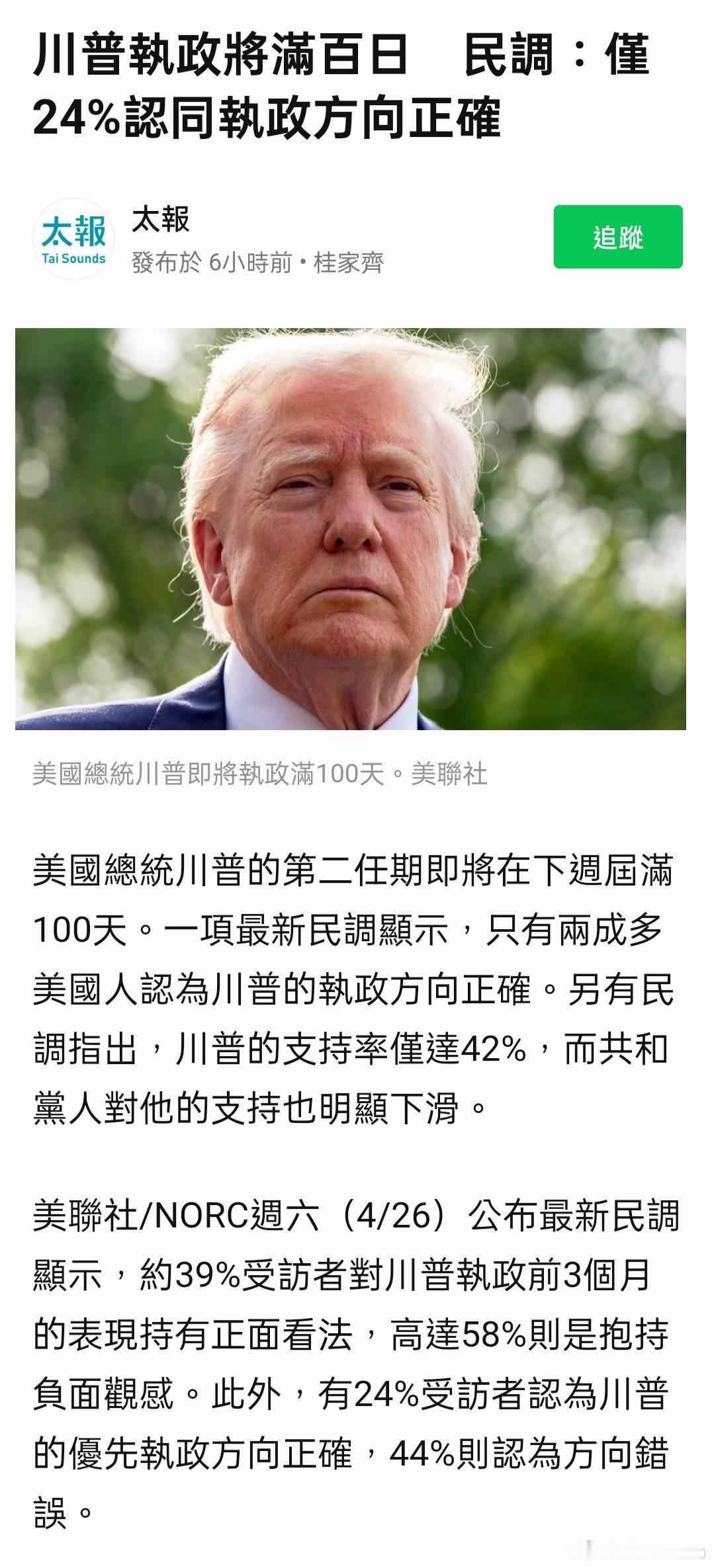 川普執政將滿百日　民調：僅24%認同執政方向正確 ； 不值得Maici我評論他！