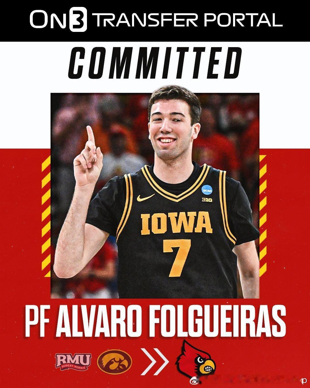 爱荷华大学西班牙大前锋Alvaro Folgueiras转校至路易斯维尔，经验丰