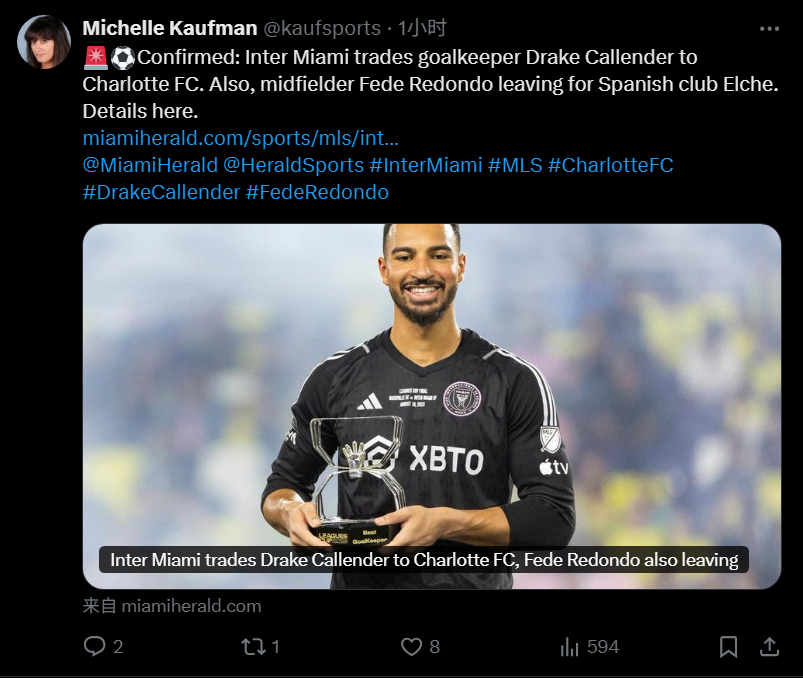 🔁米歇尔·考夫曼：已确认，卡伦德将被迈阿密国际交易至夏洛特FC。尽管卡伦德过去