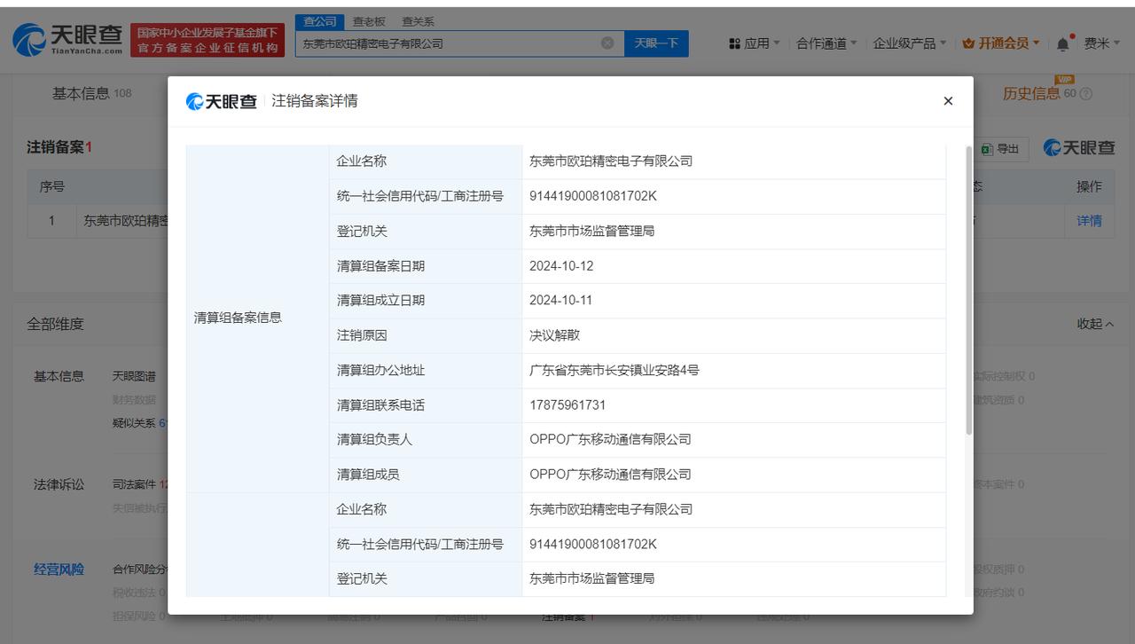 OPPO旗下东莞精密电子公司拟注销
天眼查经营风险信息显示，近日，东莞市欧珀精密