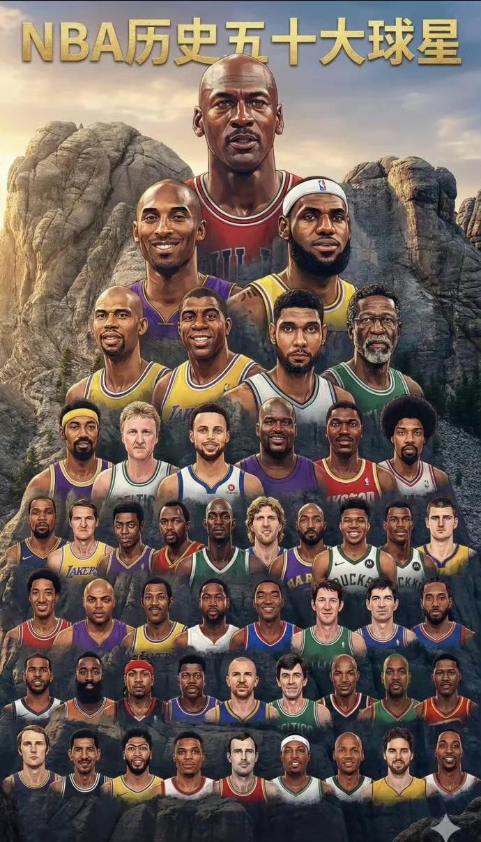 AI生成的“NBA历史五十大球星”：

第1排（最顶端）
迈克尔·乔丹

第2排