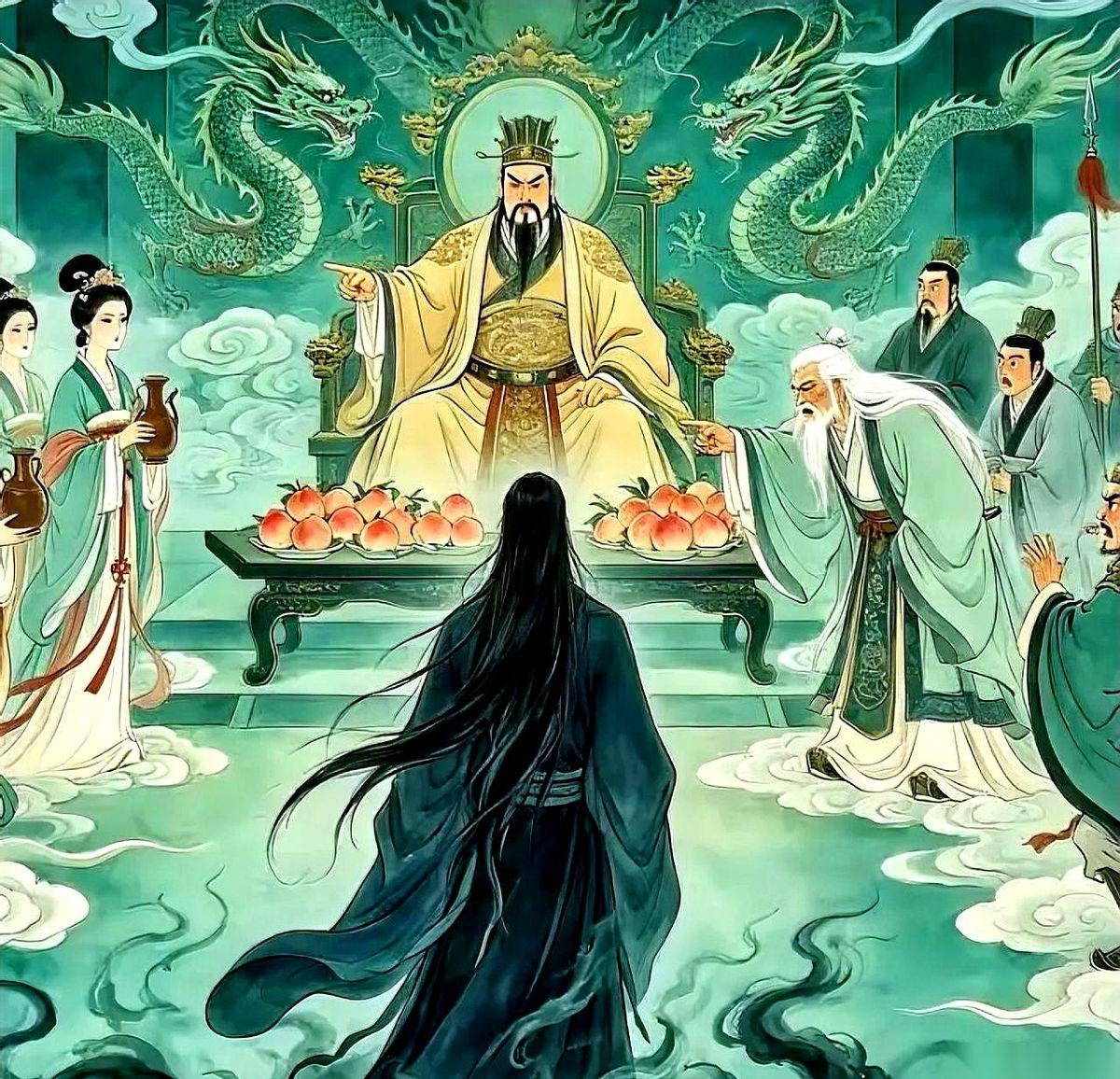 王母娘娘正给众仙倒酒，殿外的黑风直接把红蜡烛全吹灭了。
一个穿黑袍的男人踩着步子