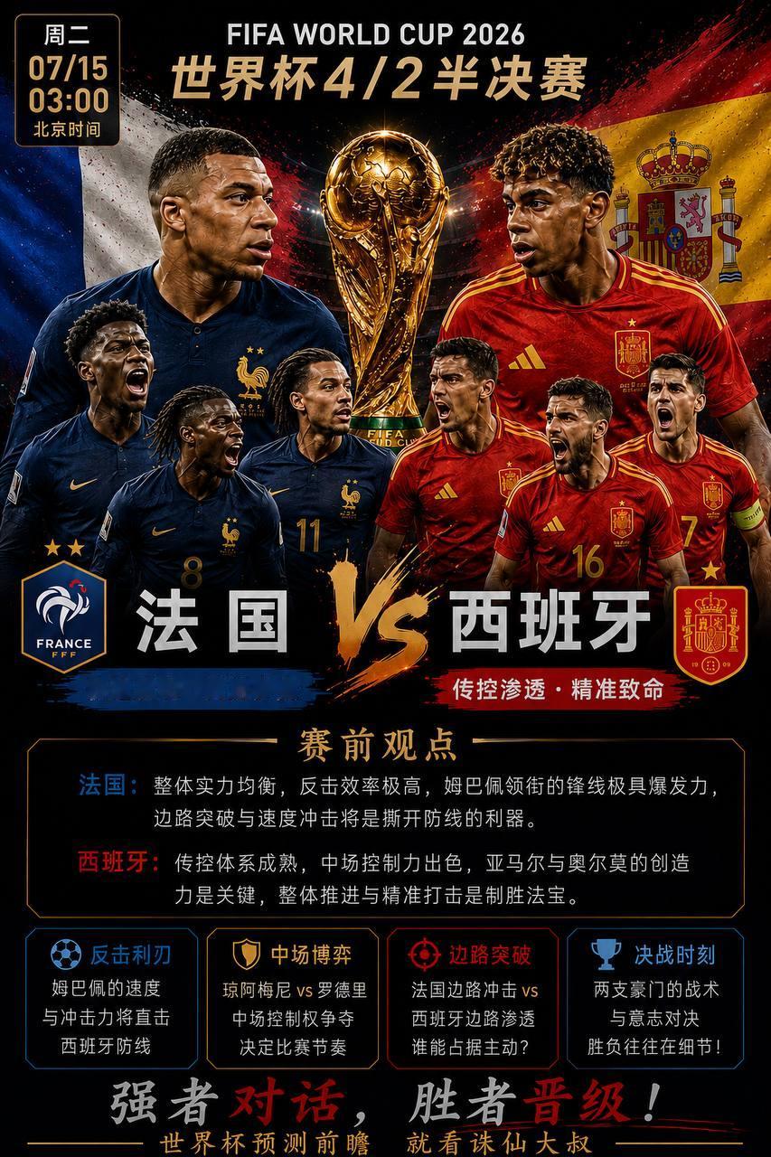 🔥大叔世界杯半决赛深度解析｜法国VS西班牙：一场定决赛席位，极致效率正面碰撞传