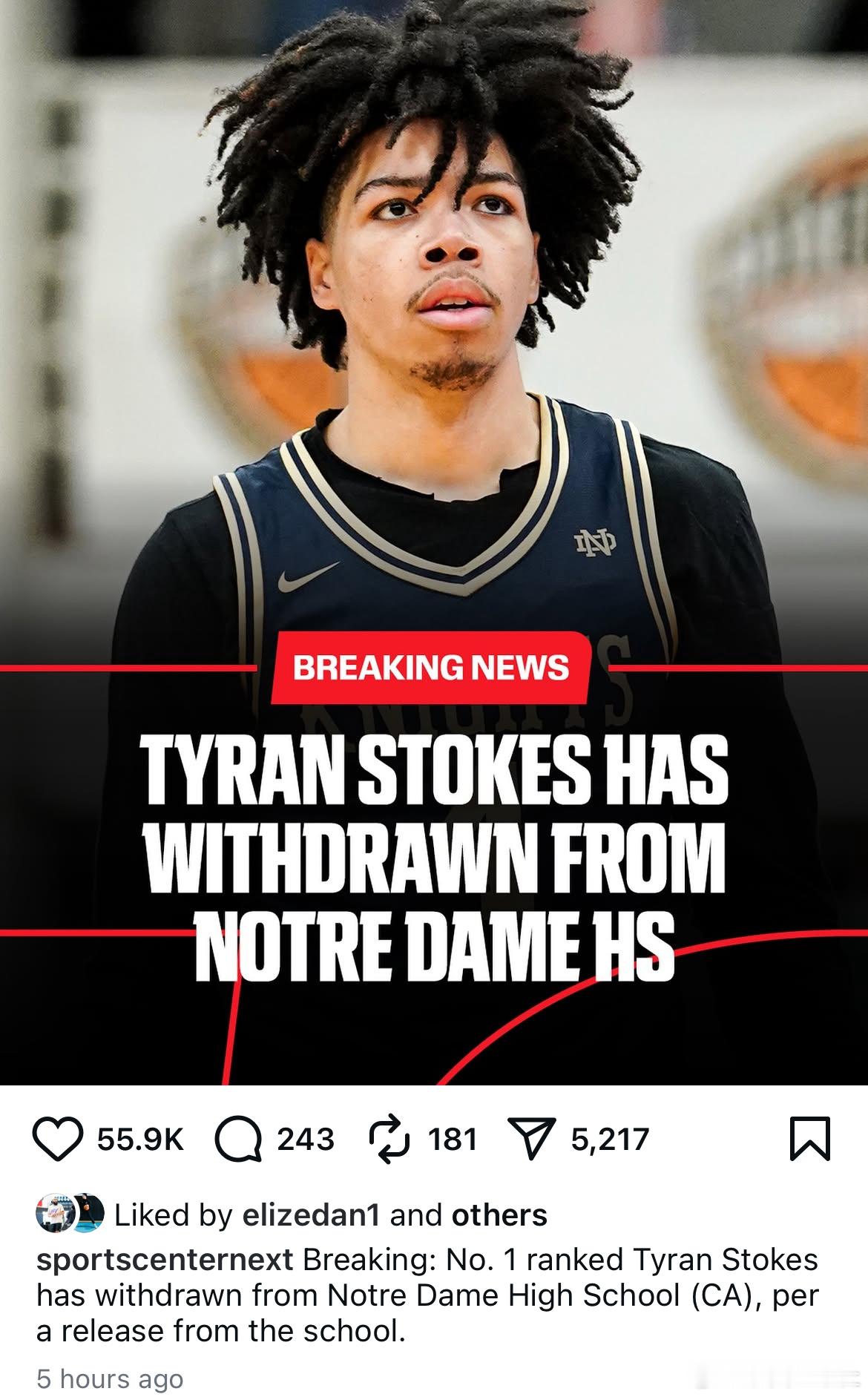 2026级全美第一Tyran Stokes被Notre Dame高中Withdr