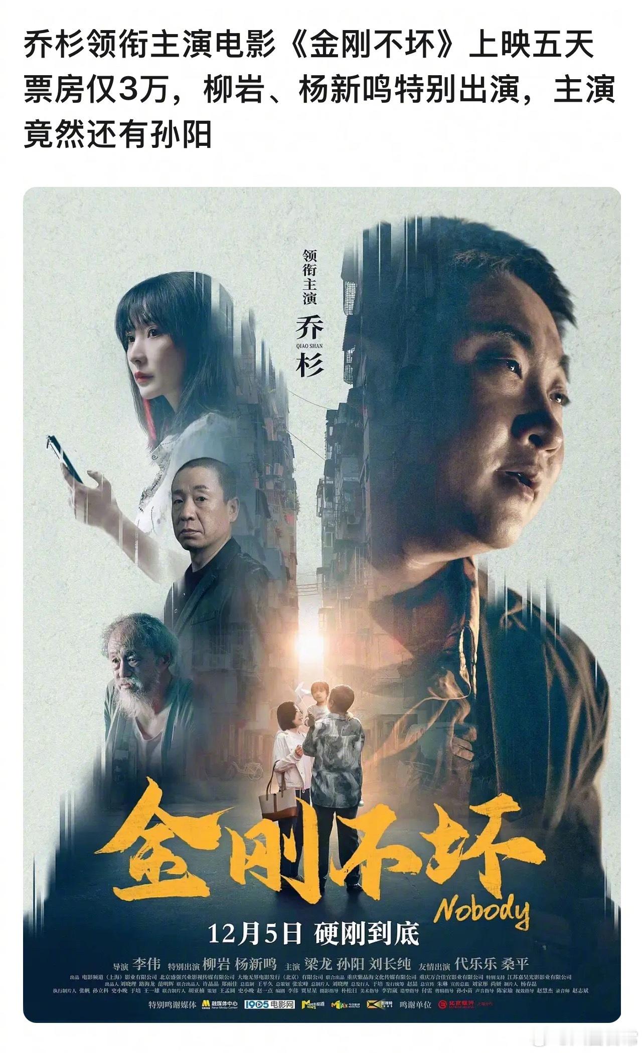乔杉主演电影《金刚不坏》上映五天票房3.1万…… 主演里还有柳岩、梁龙、孙阳 