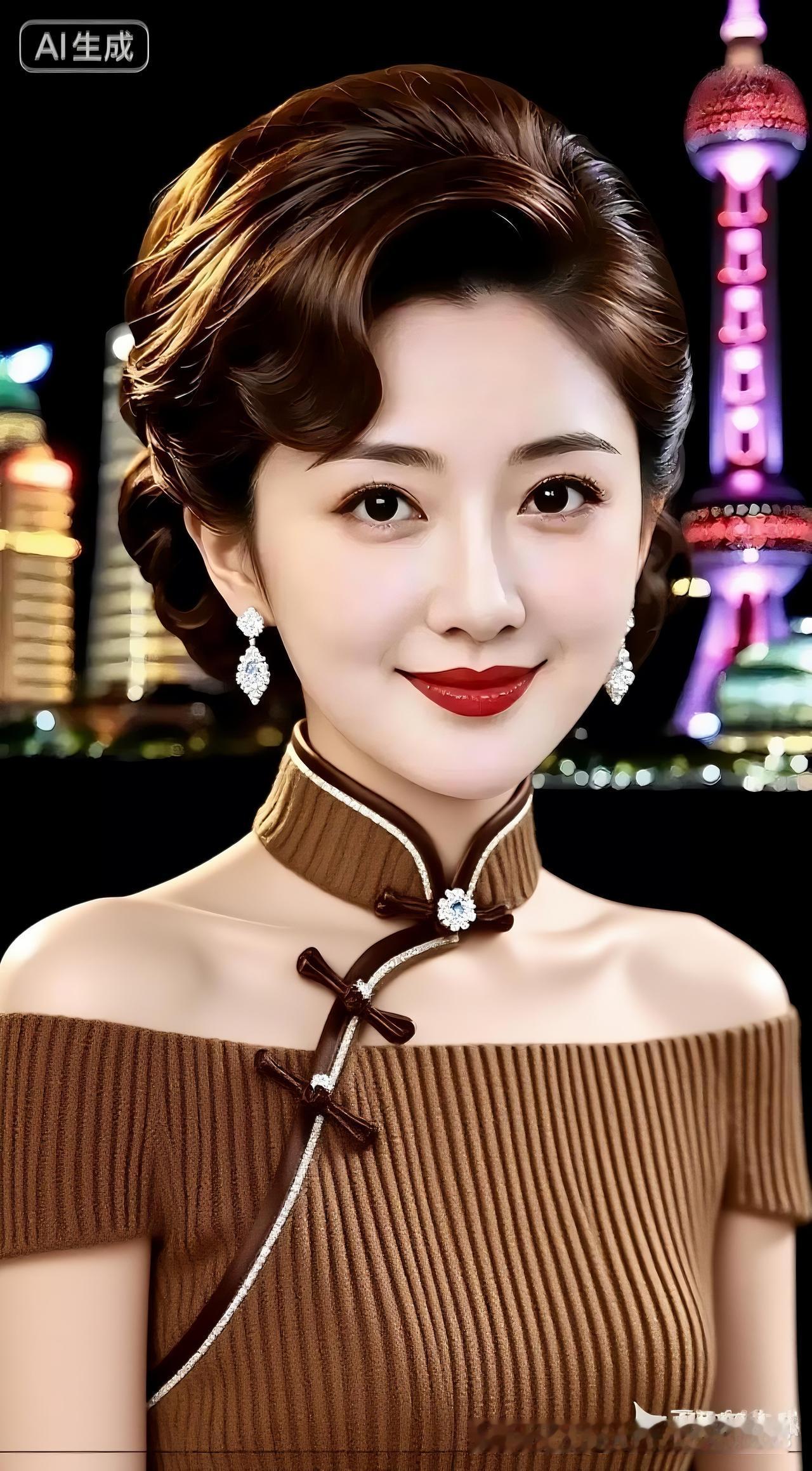 温婉美人浅笑动人，眼眸清亮锐利，秀发轻扬。咖色露肩针织旗袍雅致，传统配色尽显国风