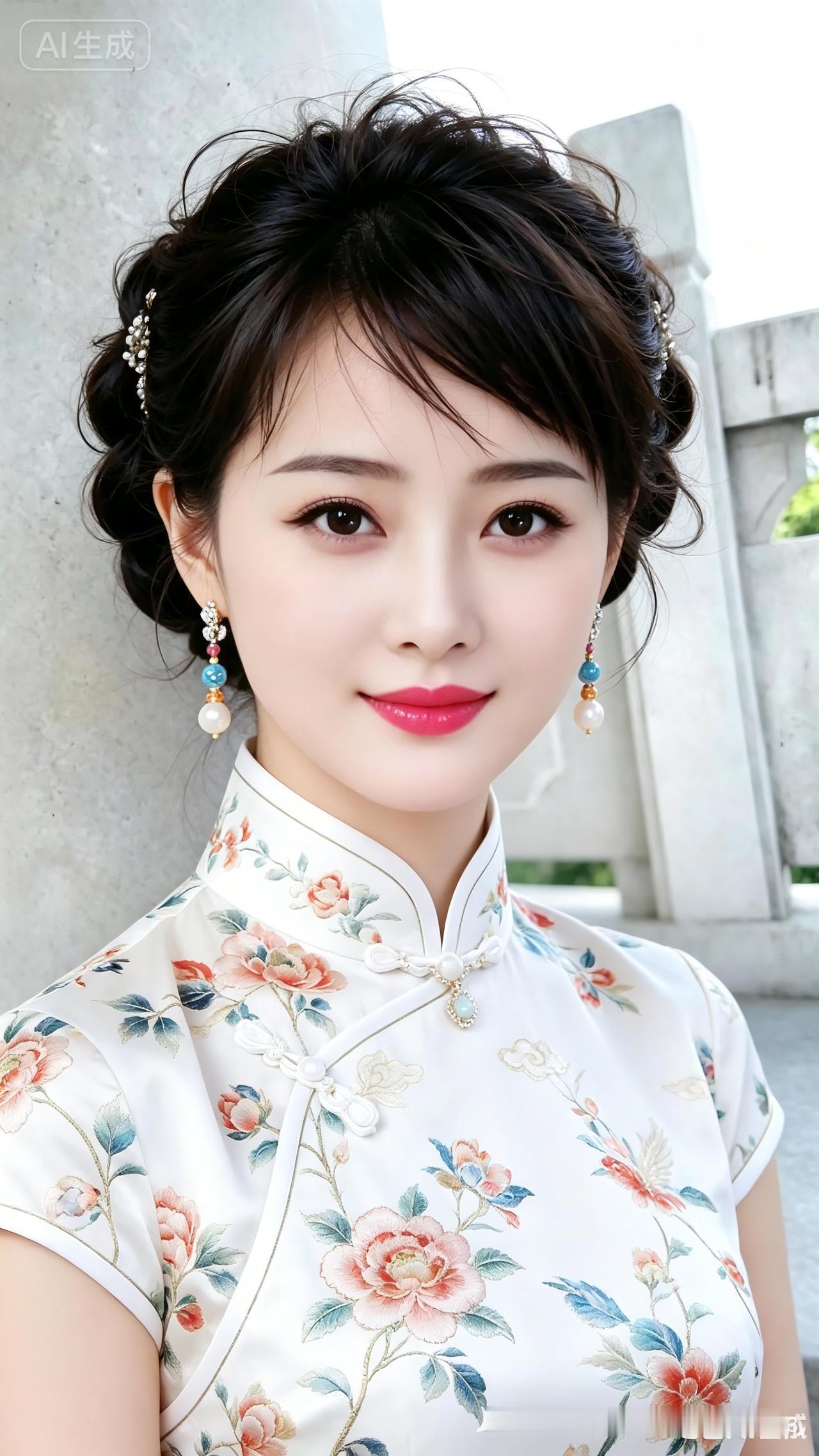 这位美女穿着花旗袍，好漂亮！