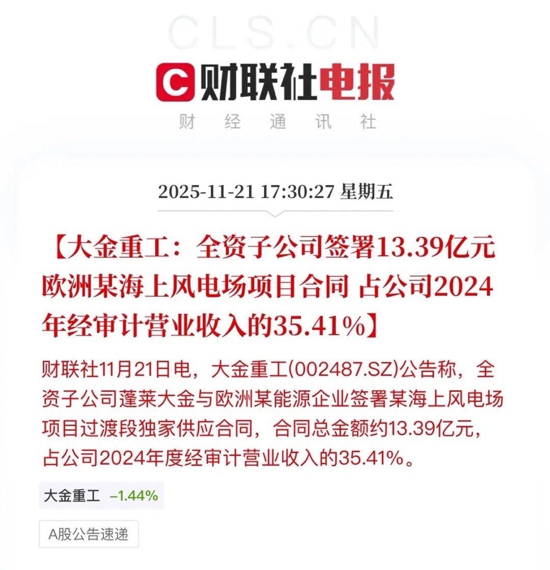 风电龙头之一大金重工，盘后密集发布重大合同利好！本轮风电行情结束的猝不及防：标志