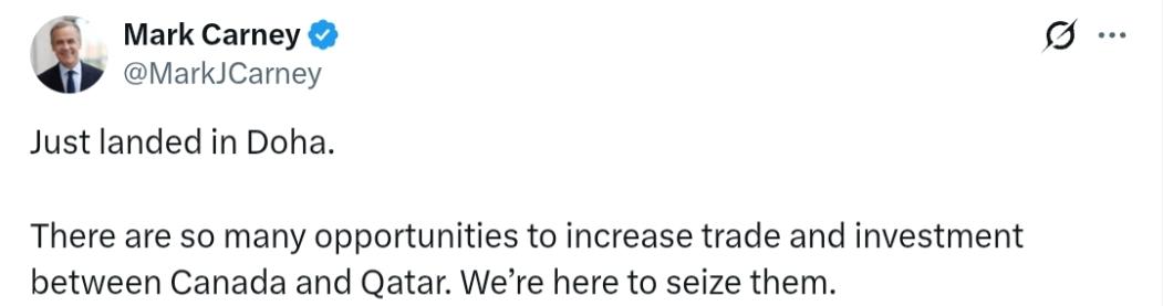 1月18日加拿大总理落地多哈后首发文，两次强调“机会”这俩字。卡尼发文称“刚抵达