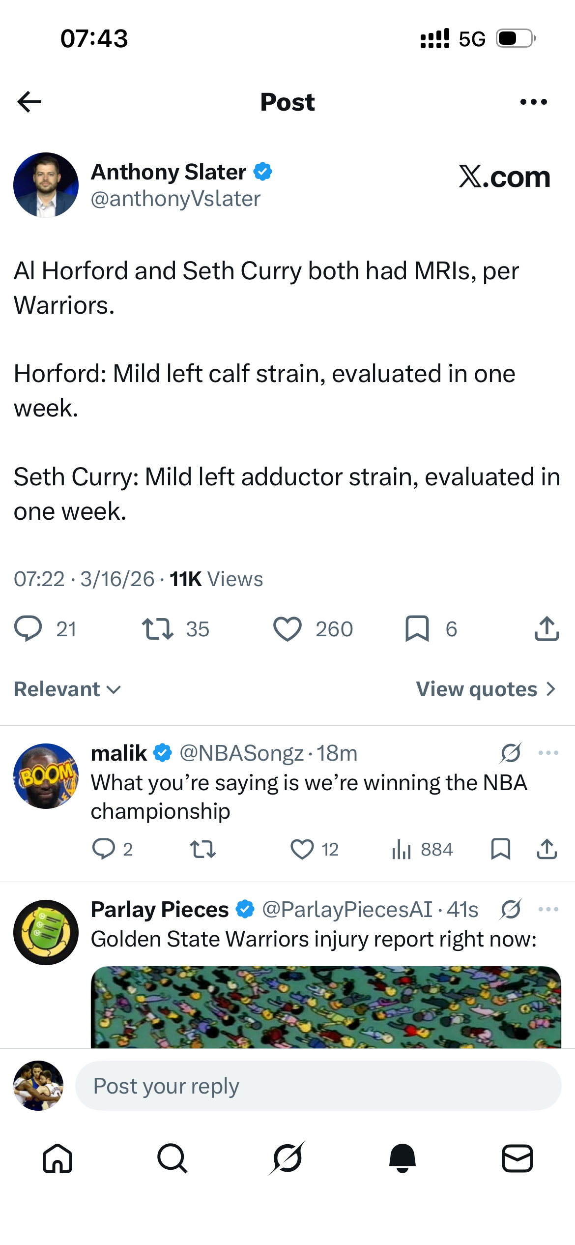 根据勇士队官方消息，艾尔·霍福德（Al Horford）和塞思·库里（Seth 