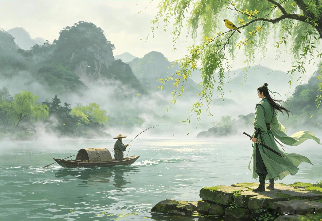 谷雨江湖
 
谷雨连朝，江南水涨，浮萍生遍江面。
 
沈砚背着那柄旧剑，坐在渡口